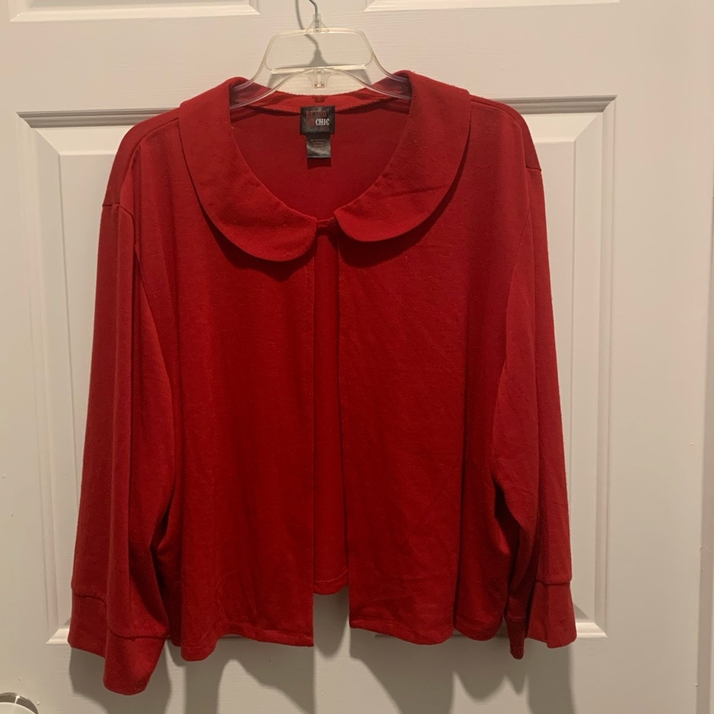 Red sweater cardigan.